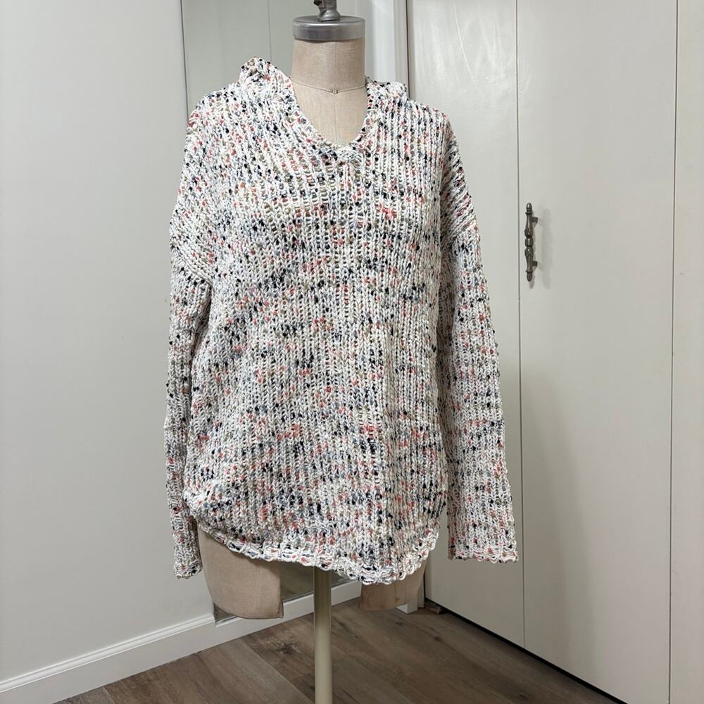 Cupio White Multicolor Woman's Knit Cozy Hooded Sweater Medium
